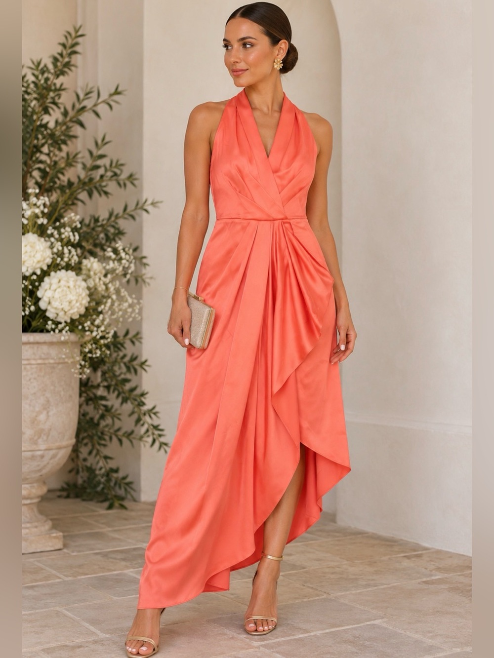 Hazel Assymetrical Satin Dress In Tangerine
